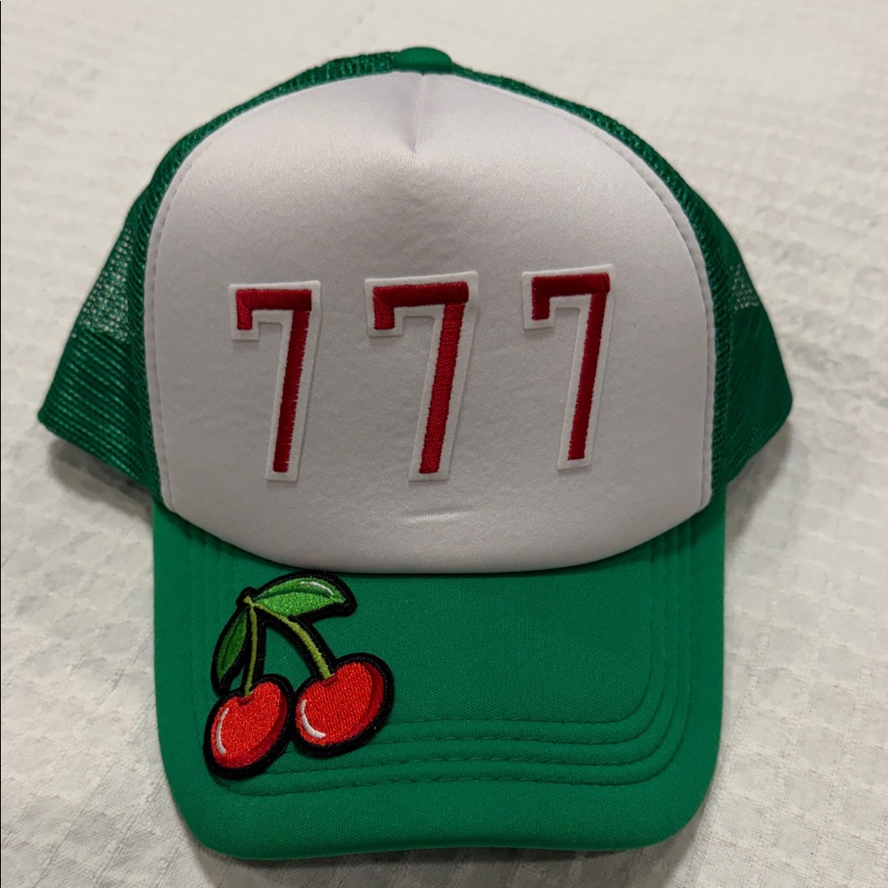 Green and White Trucker Hat with Red Embroidery